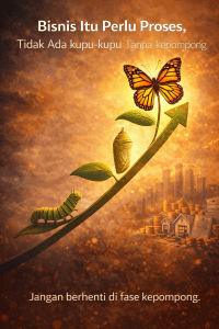 Business growth concept with butterfly and caterpillar on an upward arrow.