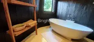 Elegant freestanding bathtub in a cozy bathroom setting.