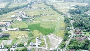 Aerial view of yellow zone land plots ready for development in Pandak Gede, Tabanan.