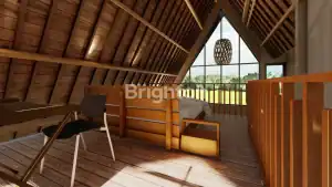 Elegant villa interior with wooden accents and large windows overlooking rice fields and ocean views.